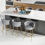 ABET Gold Bar Stool Set of 2, Velvet Swivel Barstools, Height Adjustable Counter Stools with Woven Back, Upholstered Modern Luxury Kitchen Stools with Footrest for Cafe, Pub, Black