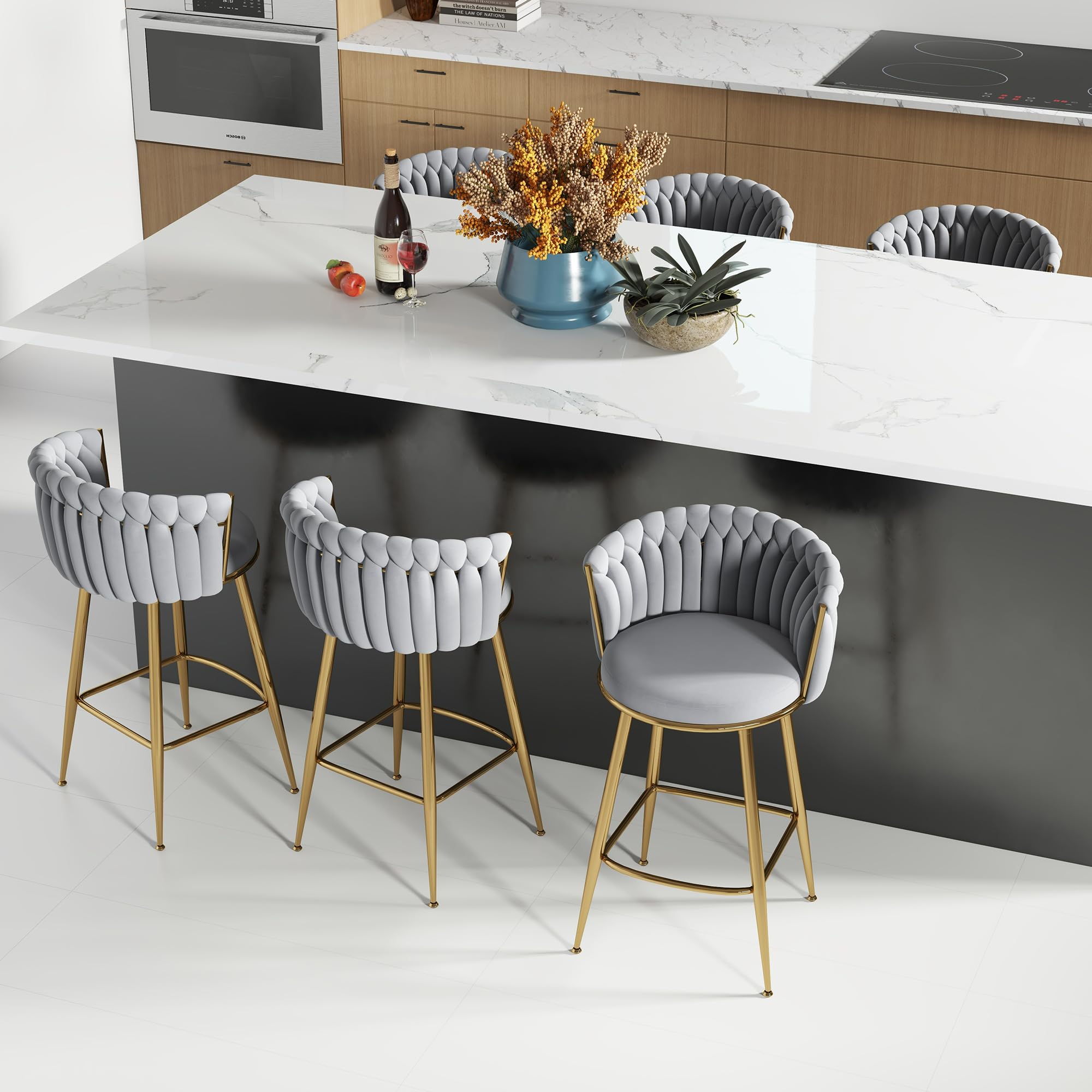 ABET Gold Bar Stool Set of 2, Velvet Swivel Barstools, Height Adjustable Counter Stools with Woven Back, Upholstered Modern Luxury Kitchen Stools with Footrest for Cafe, Pub, Black