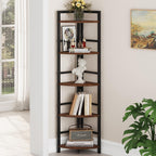 BON AUGURE 5-Tier Corner Ladder Shelf Stand, Black Metal Wood Corner Bookshelf, Narrow Tall Display Bookcase Shelving Unit for Living Room, Home Office, Small Space (Rustic Oak)