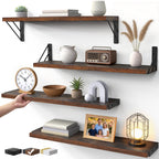 BAYKA Floating Shelves for Bedroom Decor, Wall Shelves for Storage, Wall Mounted Rustic Wood Floating Shelf for Books,Corner Shelf for Bathroom,Kitchen,Living Room(Black and Gold，Set of 4)