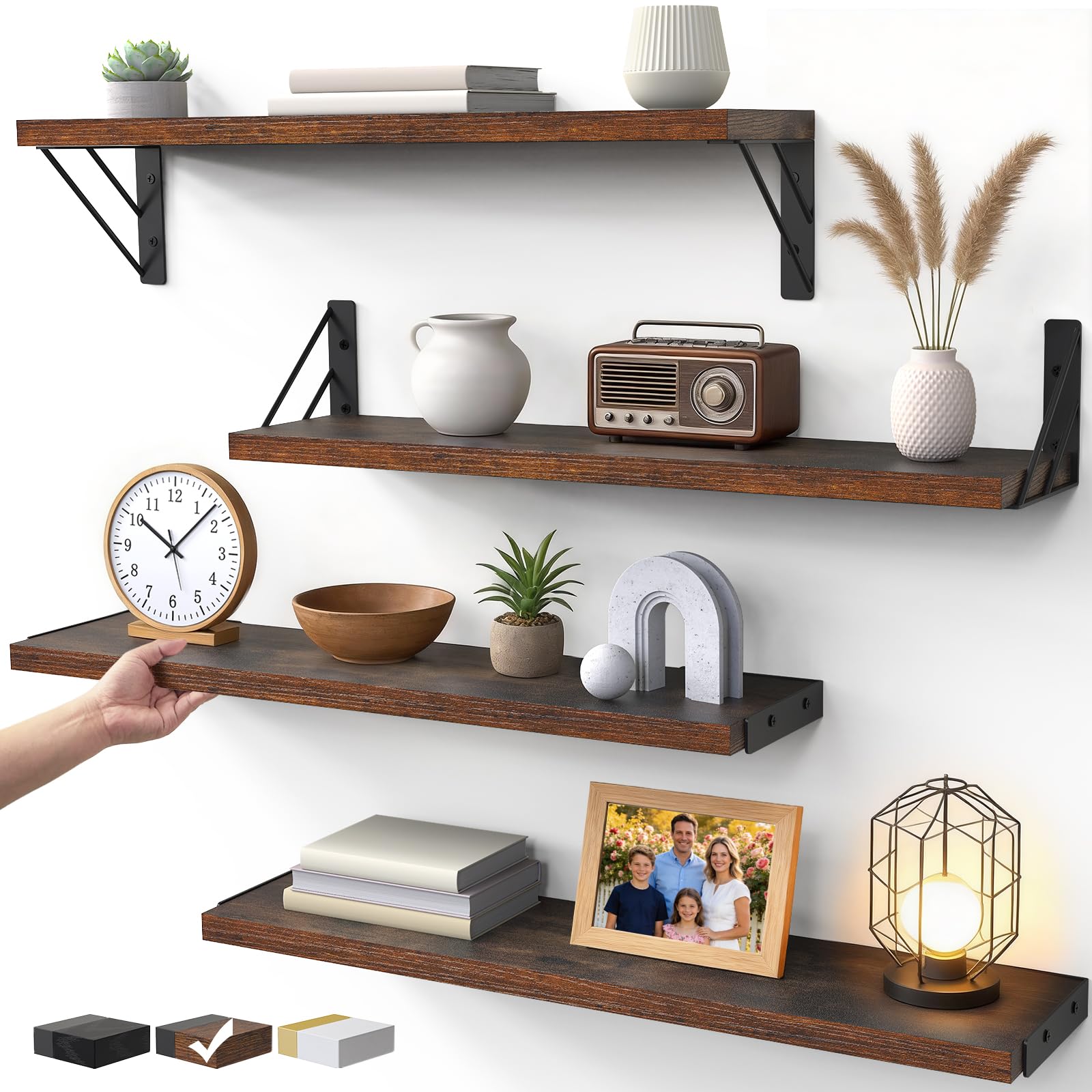 BAYKA Floating Shelves for Bedroom Decor, Wall Shelves for Storage, Wall Mounted Rustic Wood Floating Shelf for Books,Corner Shelf for Bathroom,Kitchen,Living Room(Black and Gold，Set of 4)