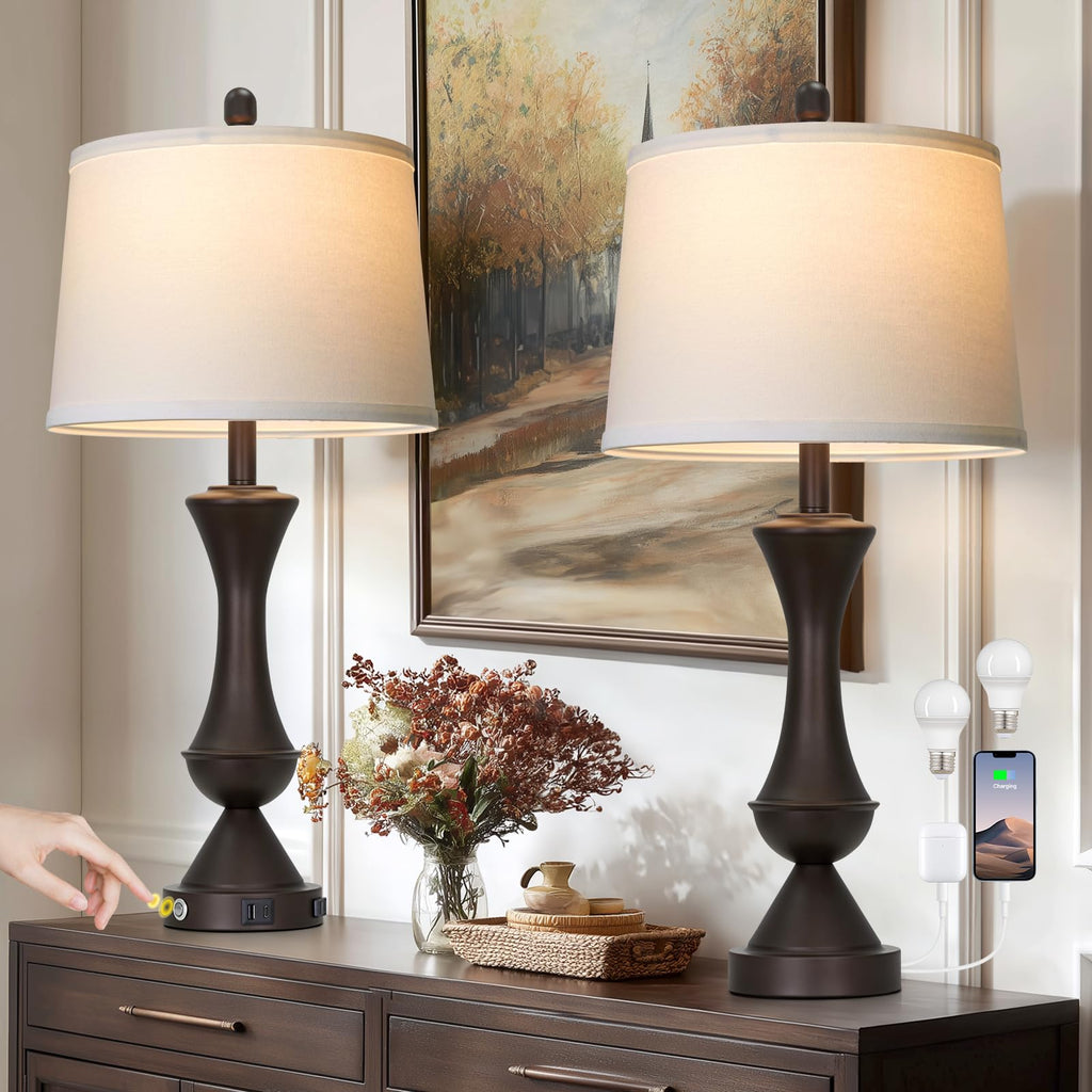 29" Gold Modern Table Lamps Set of 2, 3-Way Dimmable Touch Lamps for Nightstand with USB A+C & Outlets,Brass Lamps for Living Room, Bedroom, Nightstand, Entryway(2 Bulbs Included)