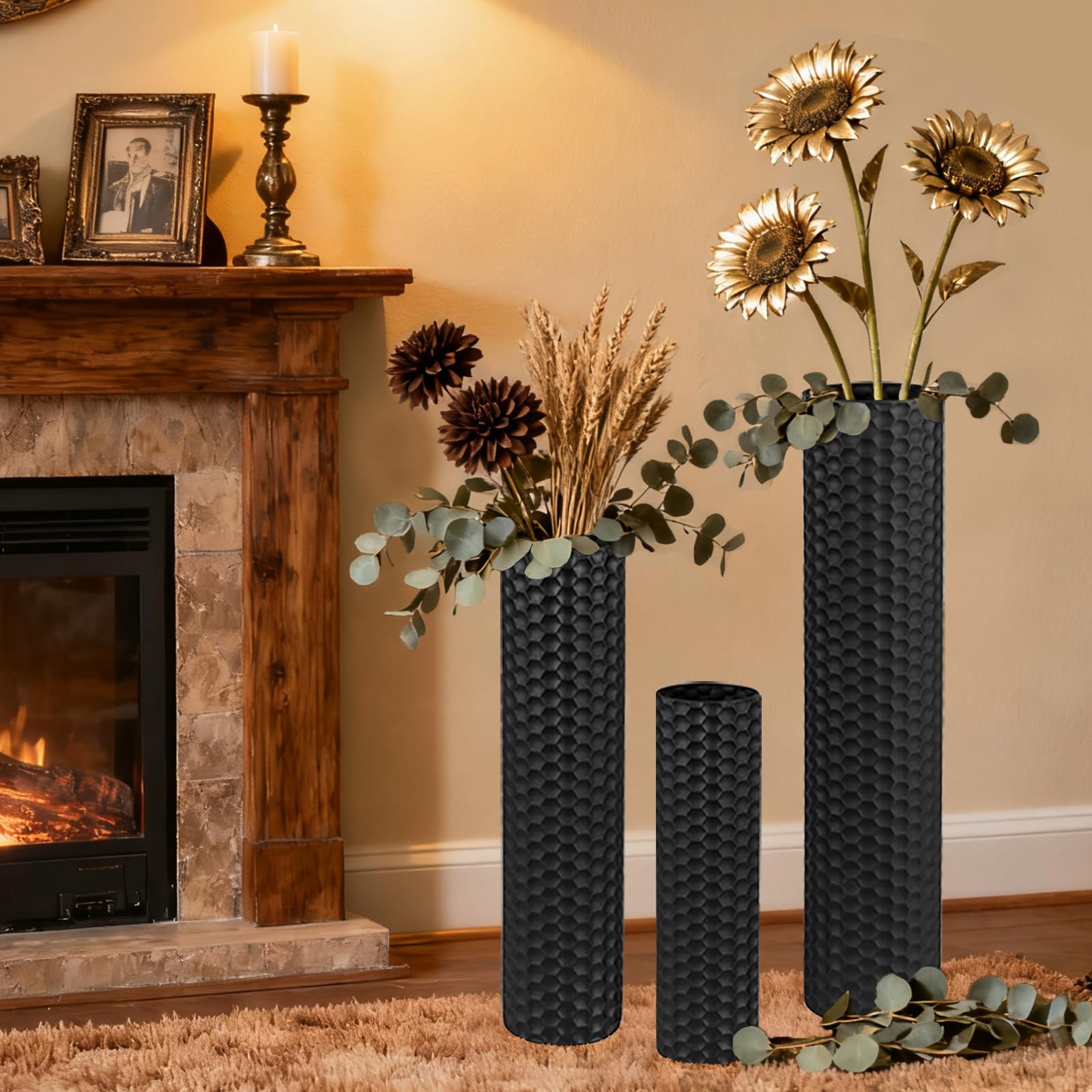 Black Tall Floor Vase - Set of 3 Extra Large Metal Decorative Vases for Living Room, 27.6" Long Modern Honeycomb Texture Big Cylinder Standing Corner Decor for Home Dining Bedroom Pampas Grass