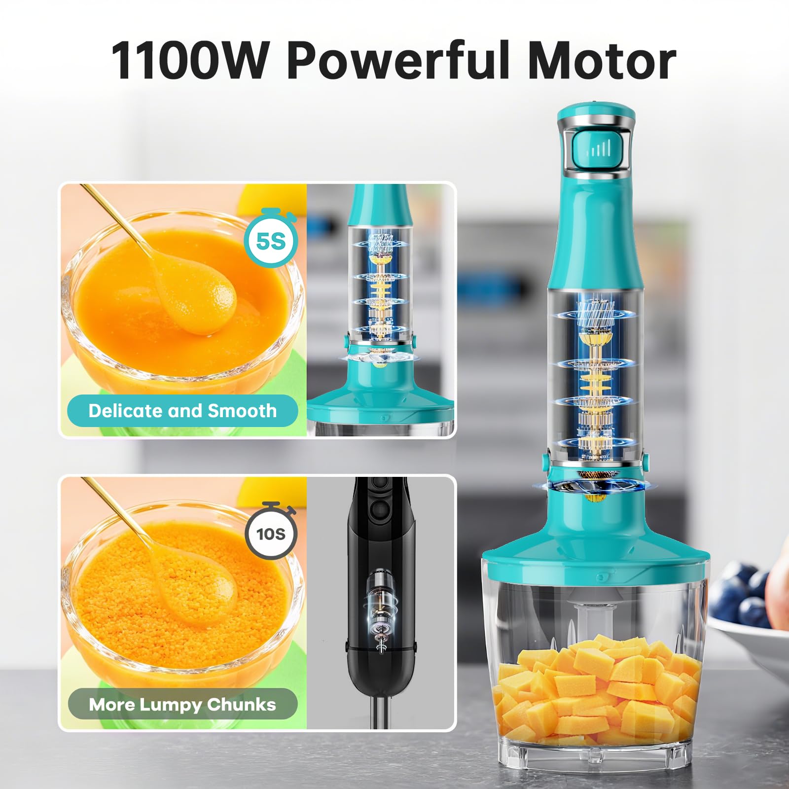 Turelar Immersion Blender Handheld Corded Hand Blenders Set 1100W, Trigger Variable Speed 5 in 1 Stick Emulsifier with Chopper, Whisk and Frother for Soup, Baby Food and Smoothies, Navy Blue