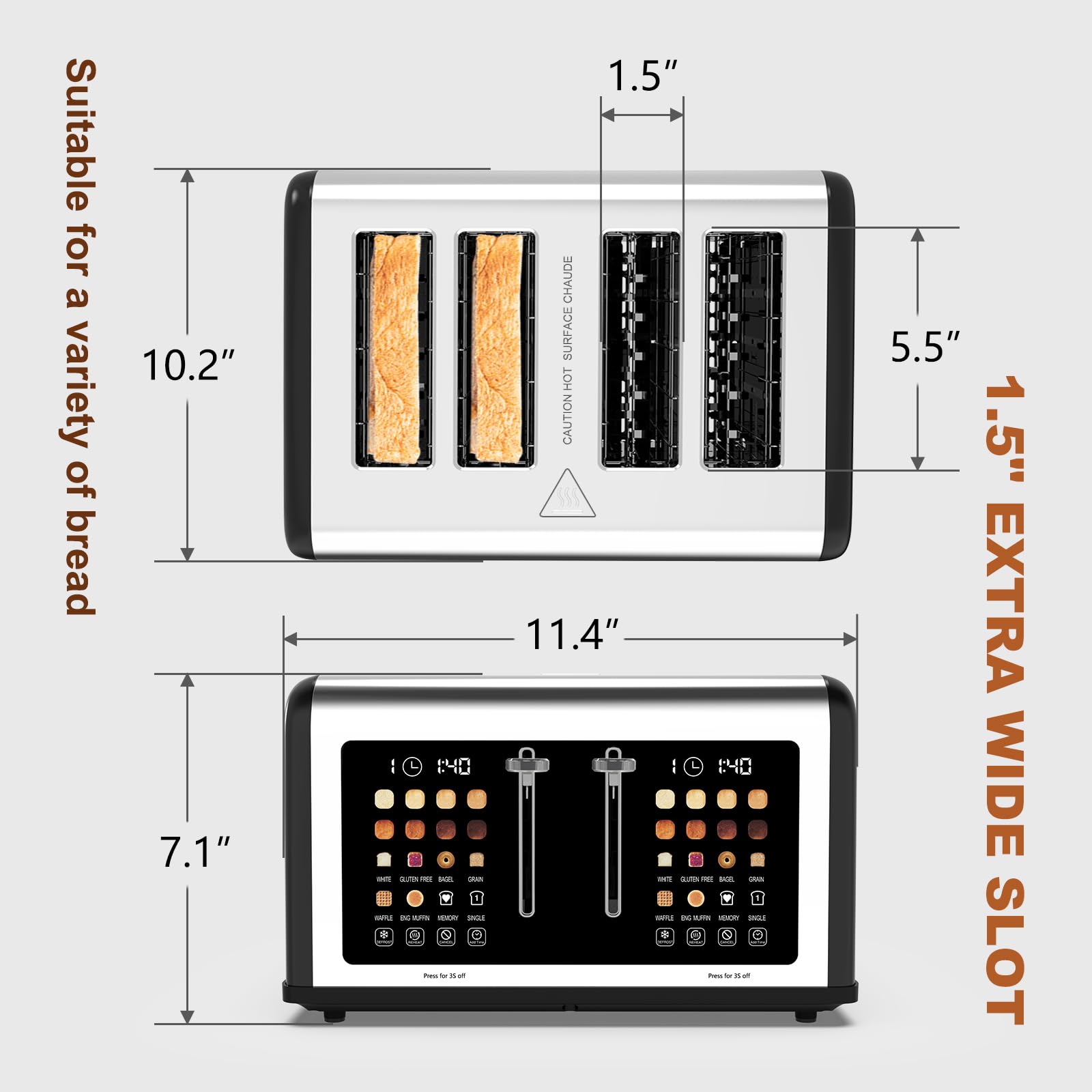 4 Slice Toaster Touch Screen, Stainless Steel Toasters Digital Timer, Dual Control Panel Toasters, 8 Shade Settings 6 Bread Types for Bagel, Cancel, Defrost 1650W
