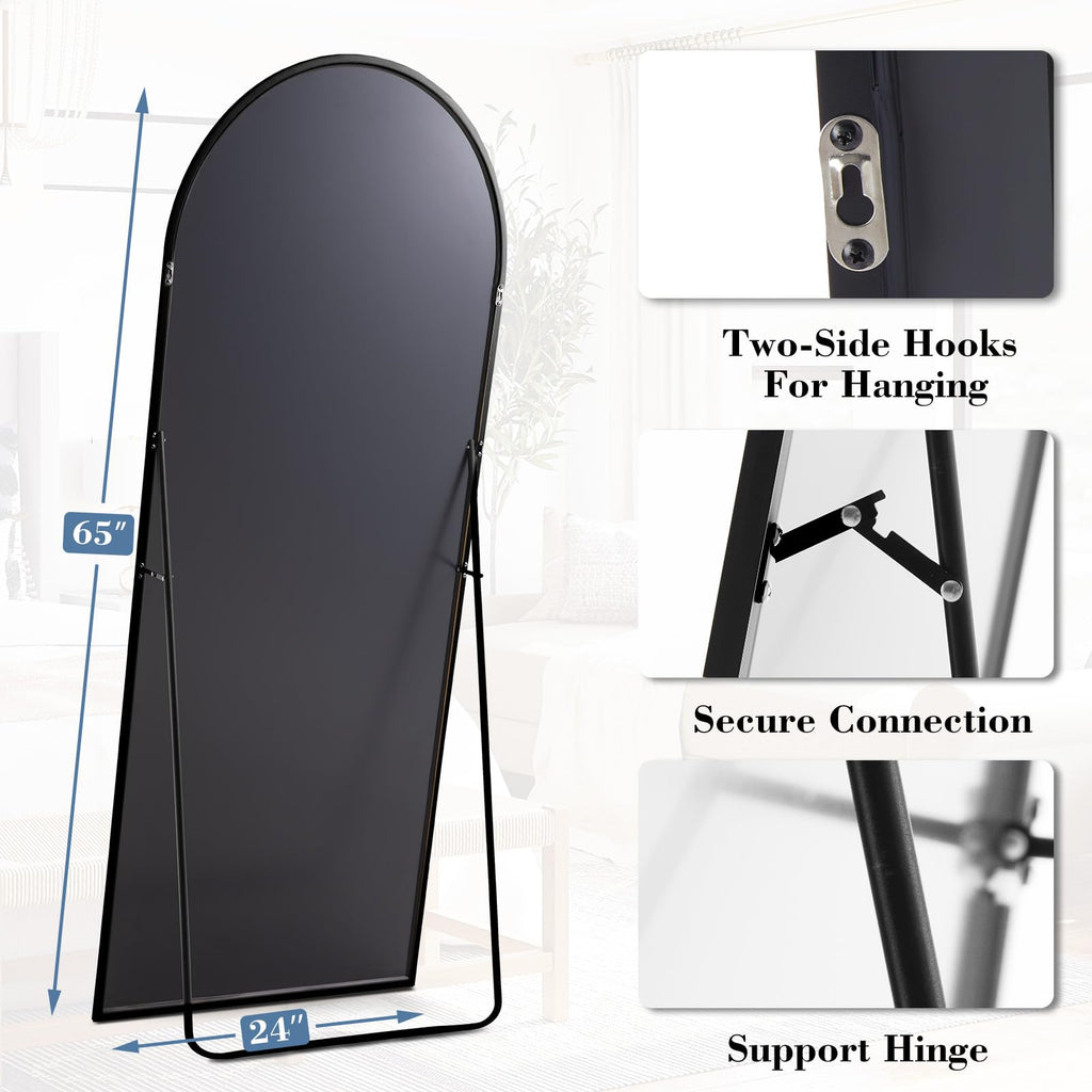 DUMOS Arched Full Length Mirror with Stand 64"x21" Floor Standing Aluminum Frame for Bedroom Body Hanging Leaning Modern Simple Home Decor Shatter-proorf Nano Glass Wall Living Room Cloakroom Black