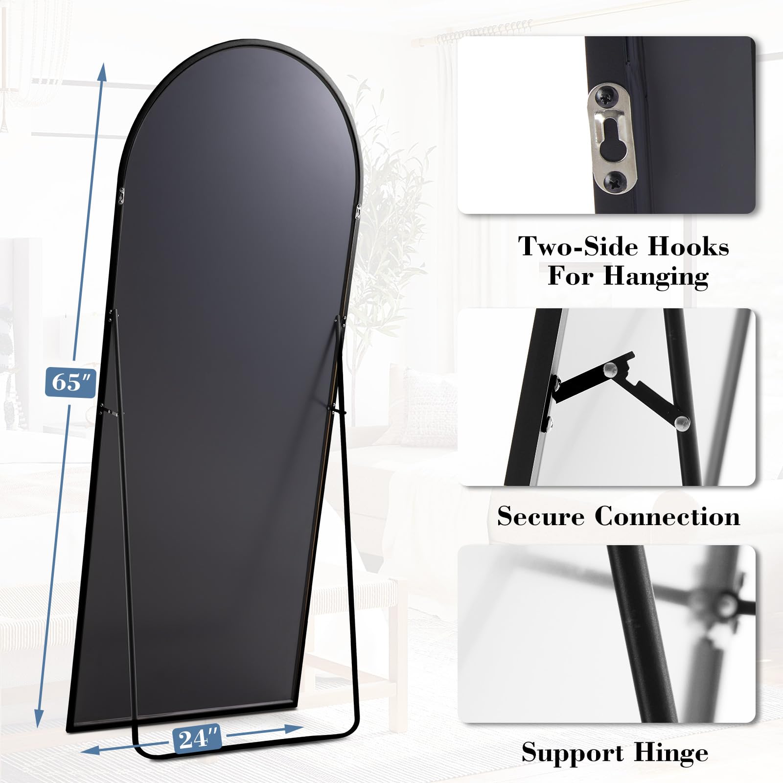 DUMOS Arched Full Length Mirror with Stand 64"x21" Floor Standing Aluminum Frame for Bedroom Body Hanging Leaning Modern Simple Home Decor Shatter-proorf Nano Glass Wall Living Room Cloakroom Black