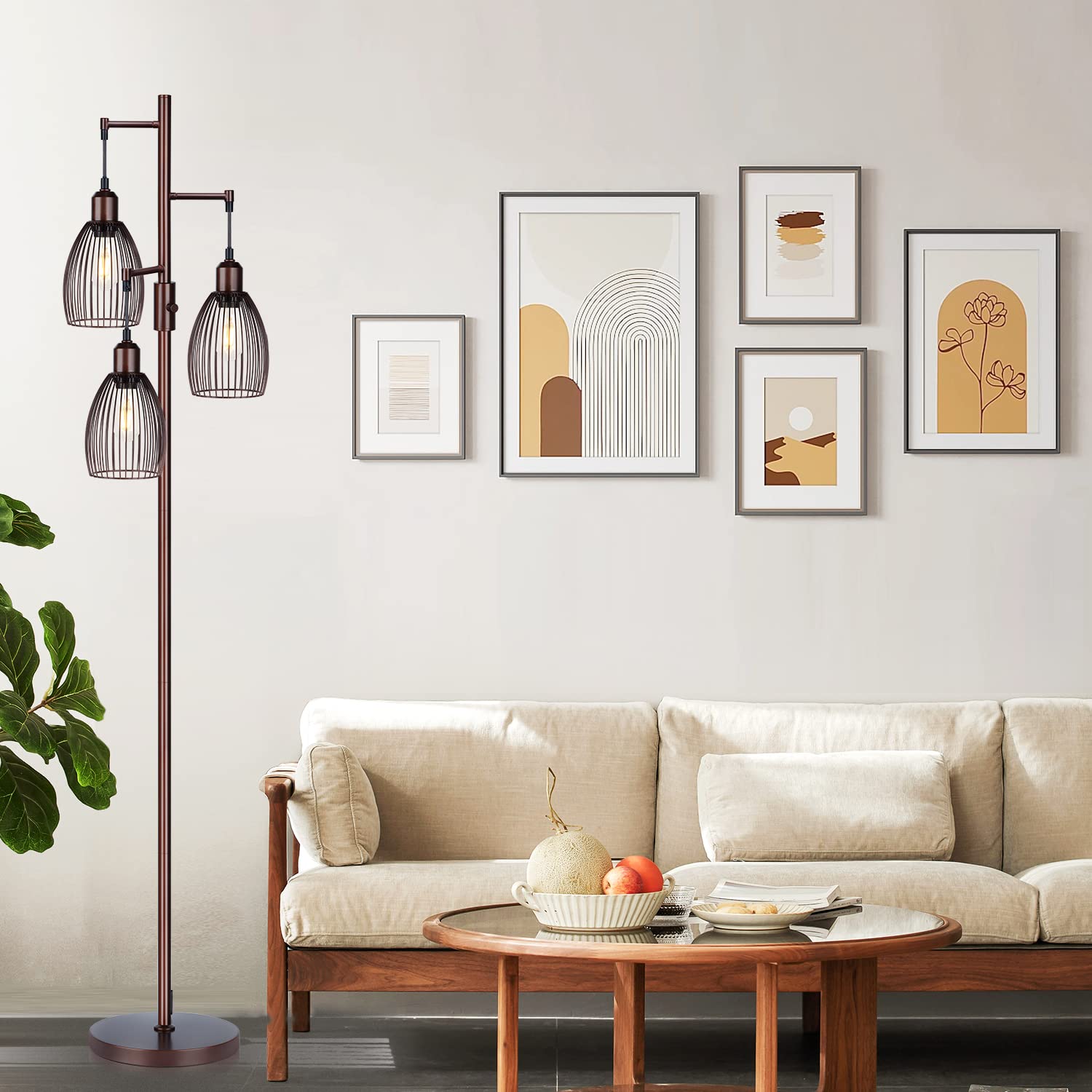 Dimmable Floor Lamp, Industrial Floor Lamps for Living Room, Gold Tree Lamp Standing Lamp Tall Lamps with 3 Elegant Teardrop Cage Head & 800 Lumens LED Bulbs for Living room Bedroom Office Dining Room