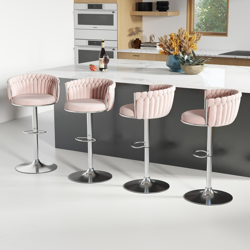 ABET Gold Bar Stool Set of 2, Velvet Swivel Barstools, Height Adjustable Counter Stools with Woven Back, Upholstered Modern Luxury Kitchen Stools with Footrest for Cafe, Pub, Black
