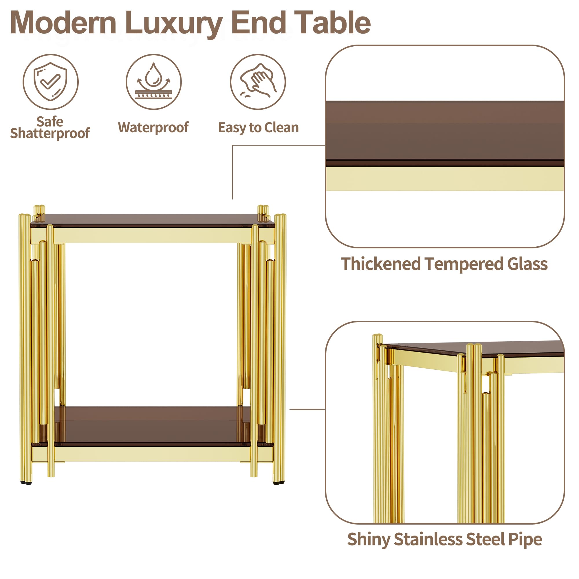 Luxury Gold Square Glass End Table, 19.7" Modern Side Table with Stainless Steel Irregular Leg Clear Tempered Glass Tabletop, Accent Furniture for Living Room, Clear