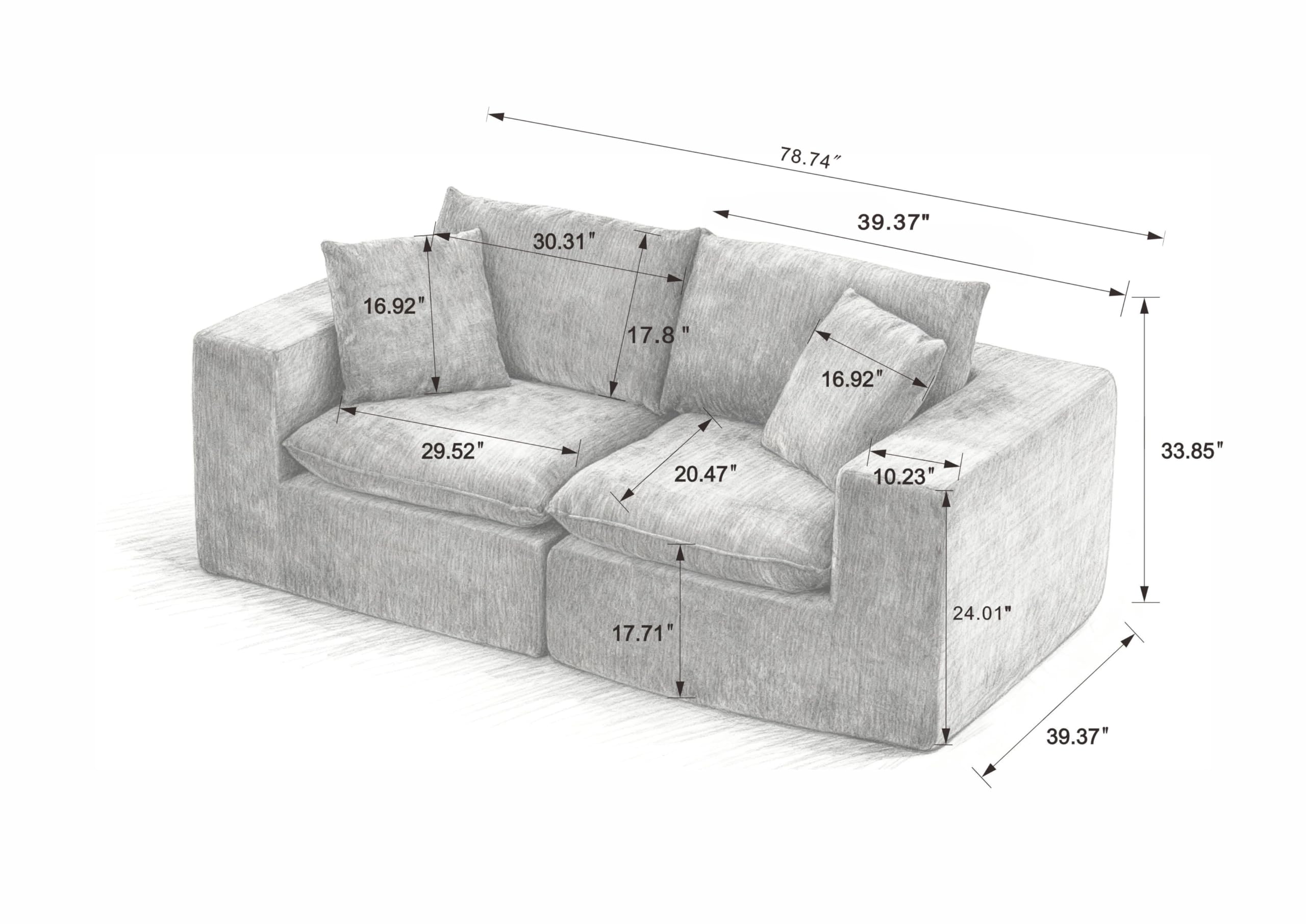 98.4-Inch Oversized Boneless Cloud Couches Deep Seat Foam Sofa Couch with 2 Round Toss Pillows, Luxury Corduroy Upholstered 3 Seat Tufted Loveseat, Cloud Sofa in a Box