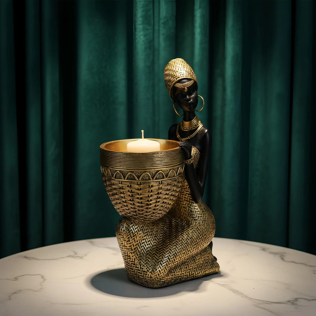 Lescafita African Woman Sculpture with Gold Leaf Bowl, Handmade Resin Figurine, Exotic Tribal Art Statue for Living Room, Dining Table, or Entryway Decoration