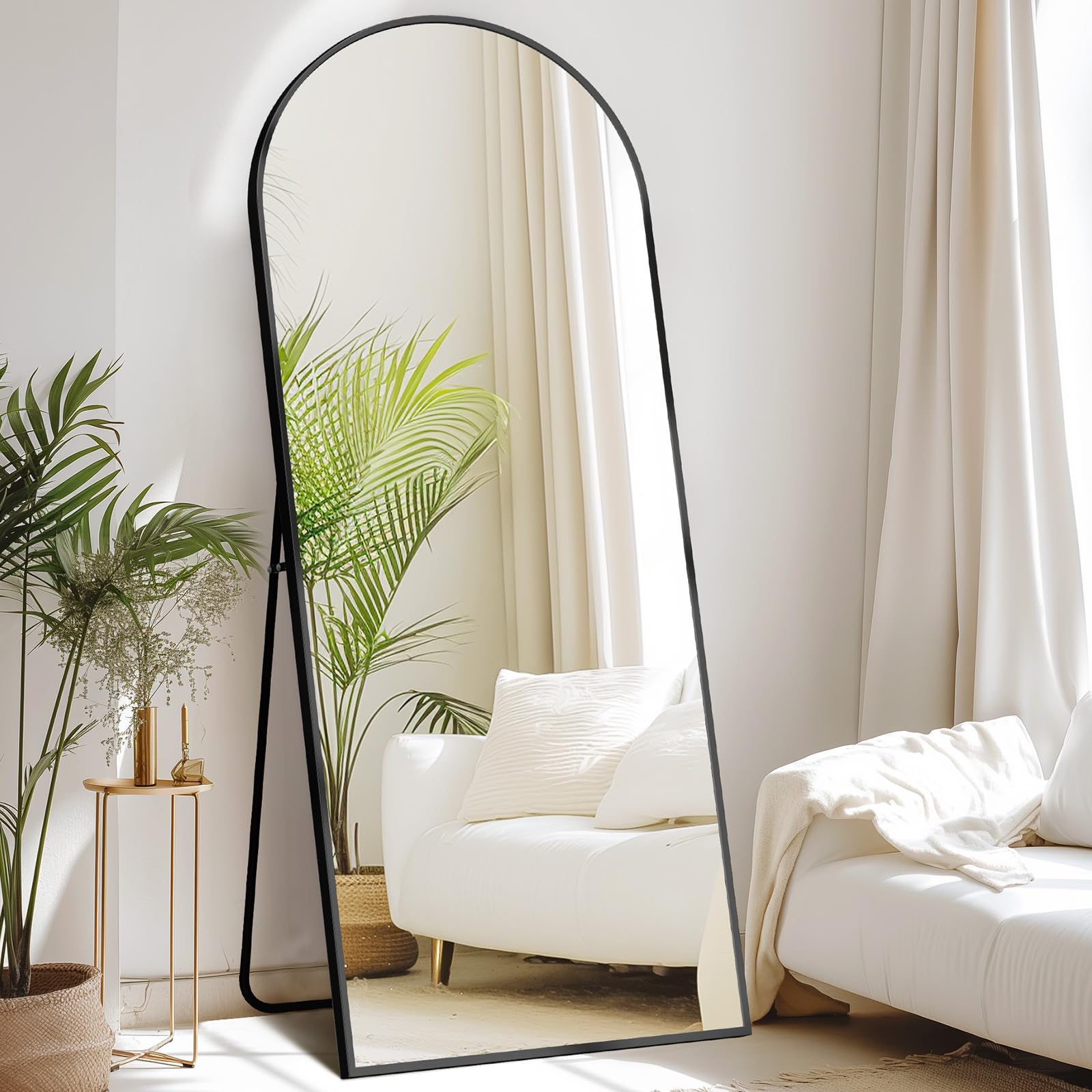 DUMOS Arched Full Length Mirror with Stand 64"x21" Floor Standing Aluminum Frame for Bedroom Body Hanging Leaning Modern Simple Home Decor Shatter-proorf Nano Glass Wall Living Room Cloakroom Black