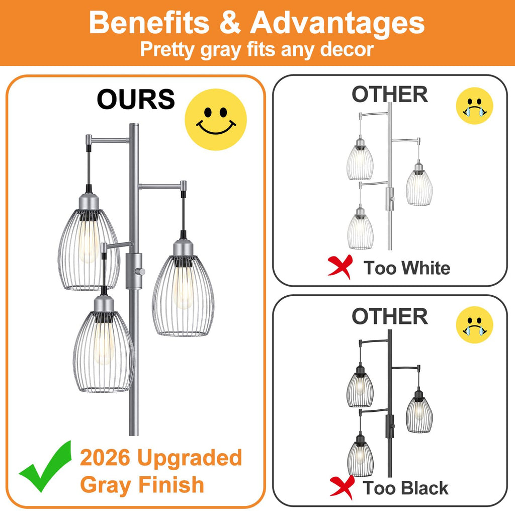 Dimmable Floor Lamp, Industrial Floor Lamps for Living Room, Gold Tree Lamp Standing Lamp Tall Lamps with 3 Elegant Teardrop Cage Head & 800 Lumens LED Bulbs for Living room Bedroom Office Dining Room