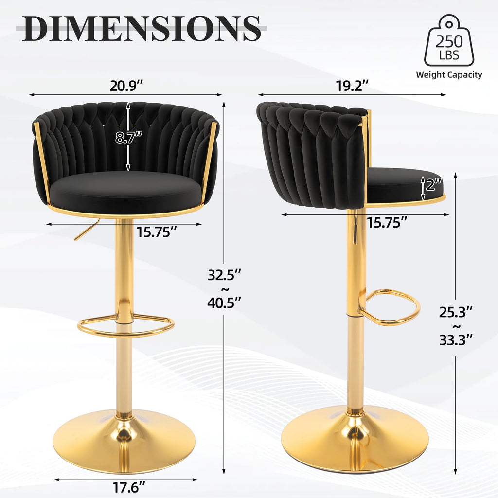 ABET Gold Bar Stool Set of 2, Velvet Swivel Barstools, Height Adjustable Counter Stools with Woven Back, Upholstered Modern Luxury Kitchen Stools with Footrest for Cafe, Pub, Black