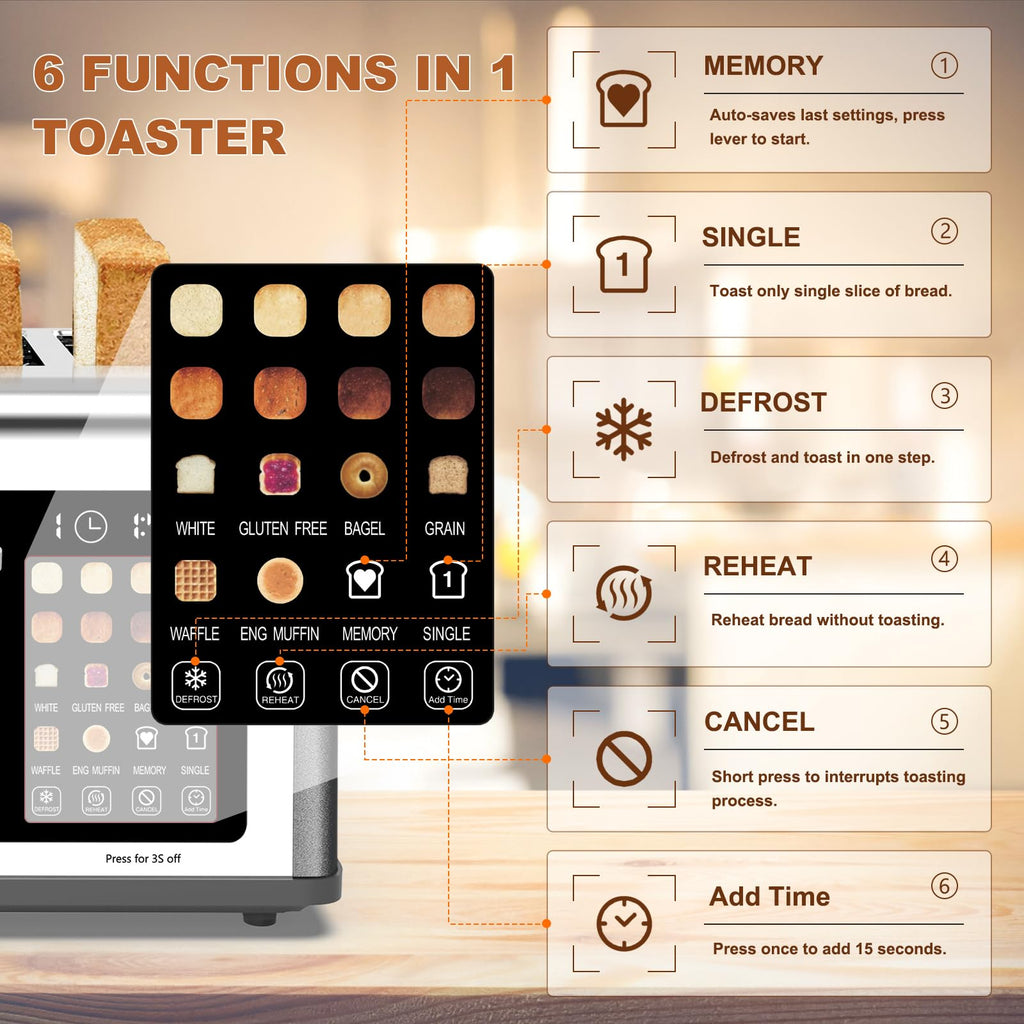4 Slice Toaster Touch Screen, Stainless Steel Toasters Digital Timer, Dual Control Panel Toasters, 8 Shade Settings 6 Bread Types for Bagel, Cancel, Defrost 1650W