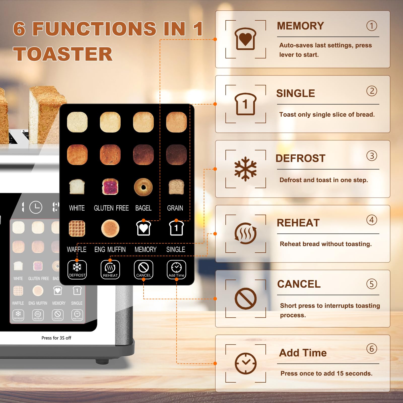 4 Slice Toaster Touch Screen, Stainless Steel Toasters Digital Timer, Dual Control Panel Toasters, 8 Shade Settings 6 Bread Types for Bagel, Cancel, Defrost 1650W