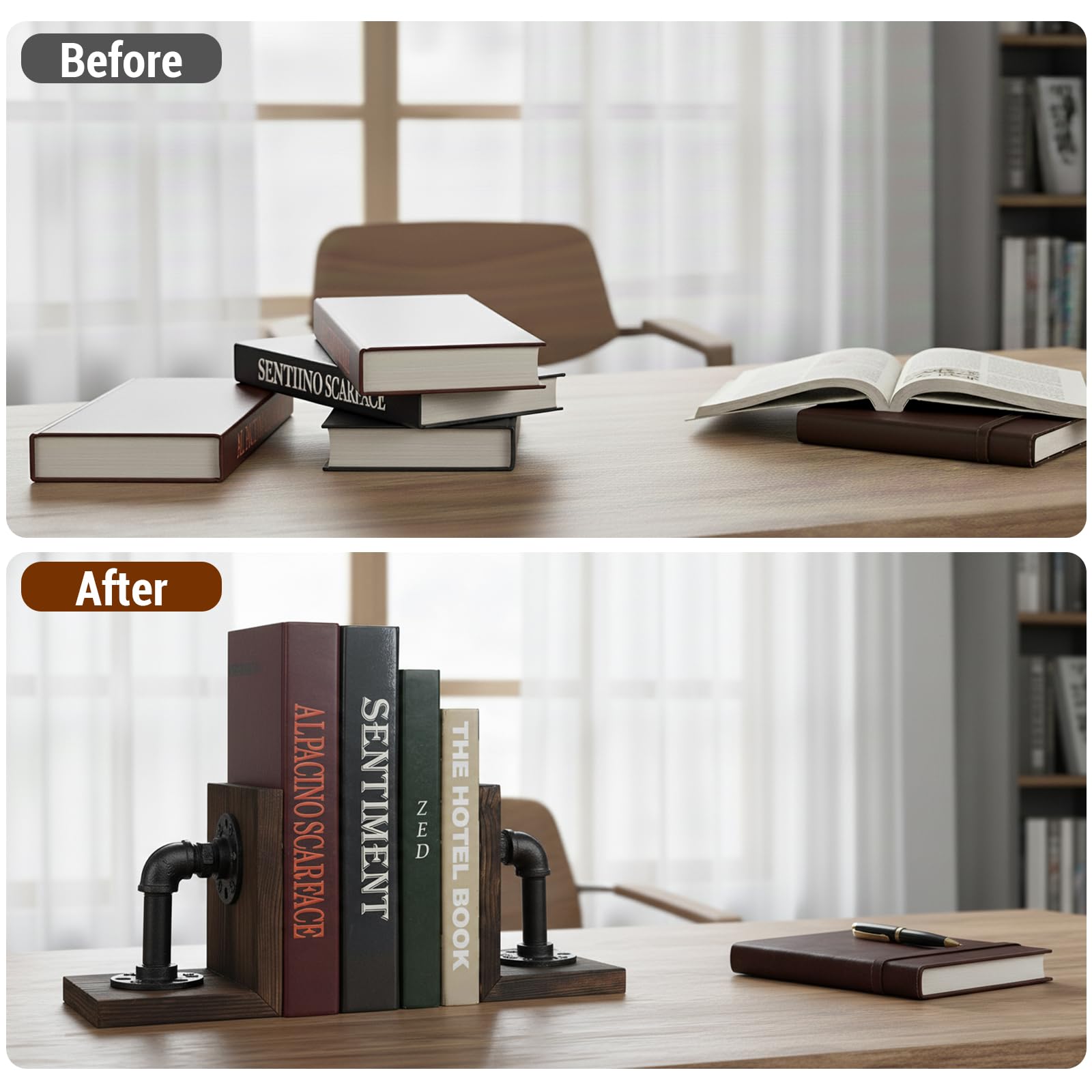 MyGift Book Ends Decorative, Bookends for Shelves, Metal Bookends for Heavy Books, Office Decor for Men, Wood Book Stopper, Realistic Industrial Pipe Design, Dark Brown