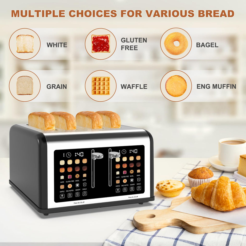 4 Slice Toaster Touch Screen, Stainless Steel Toasters Digital Timer, Dual Control Panel Toasters, 8 Shade Settings 6 Bread Types for Bagel, Cancel, Defrost 1650W
