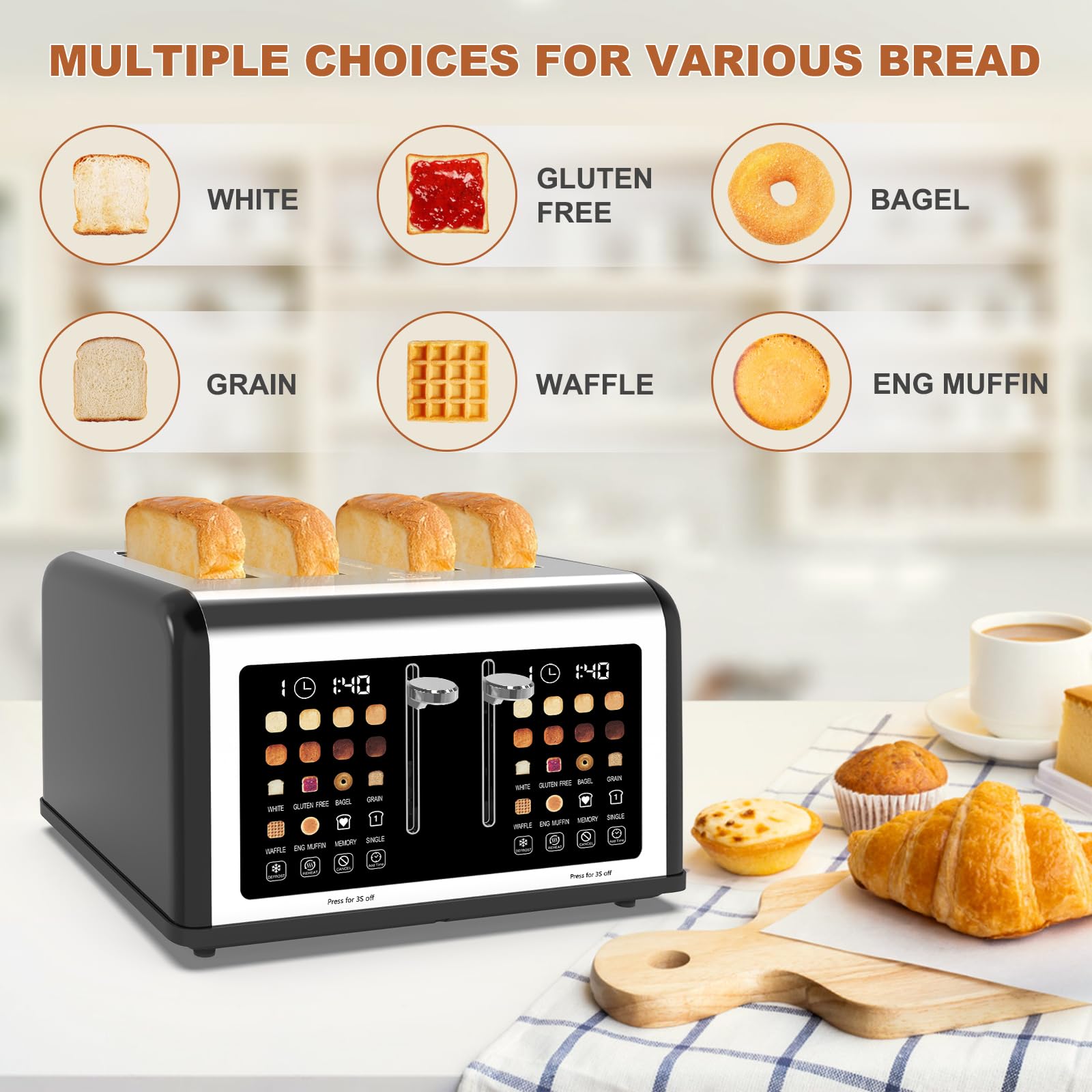 4 Slice Toaster Touch Screen, Stainless Steel Toasters Digital Timer, Dual Control Panel Toasters, 8 Shade Settings 6 Bread Types for Bagel, Cancel, Defrost 1650W