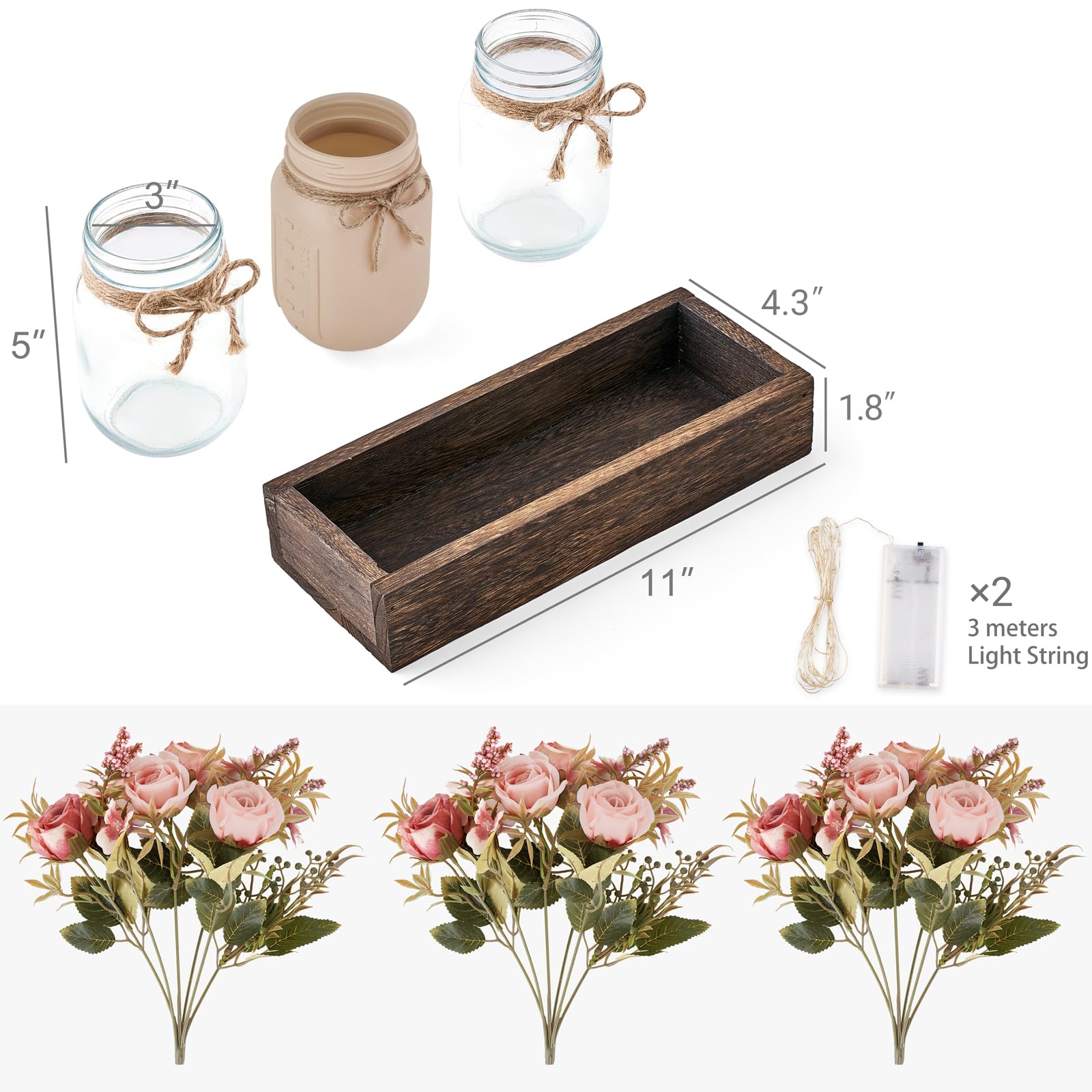 Mkono Mason Jar Lights Centerpiece Table Decor for Dining Room Farmhouse Wood Tray with 3 Jars Flowers Valentines Day Decoration for Coffee Table Kitchen Living Room Wedding