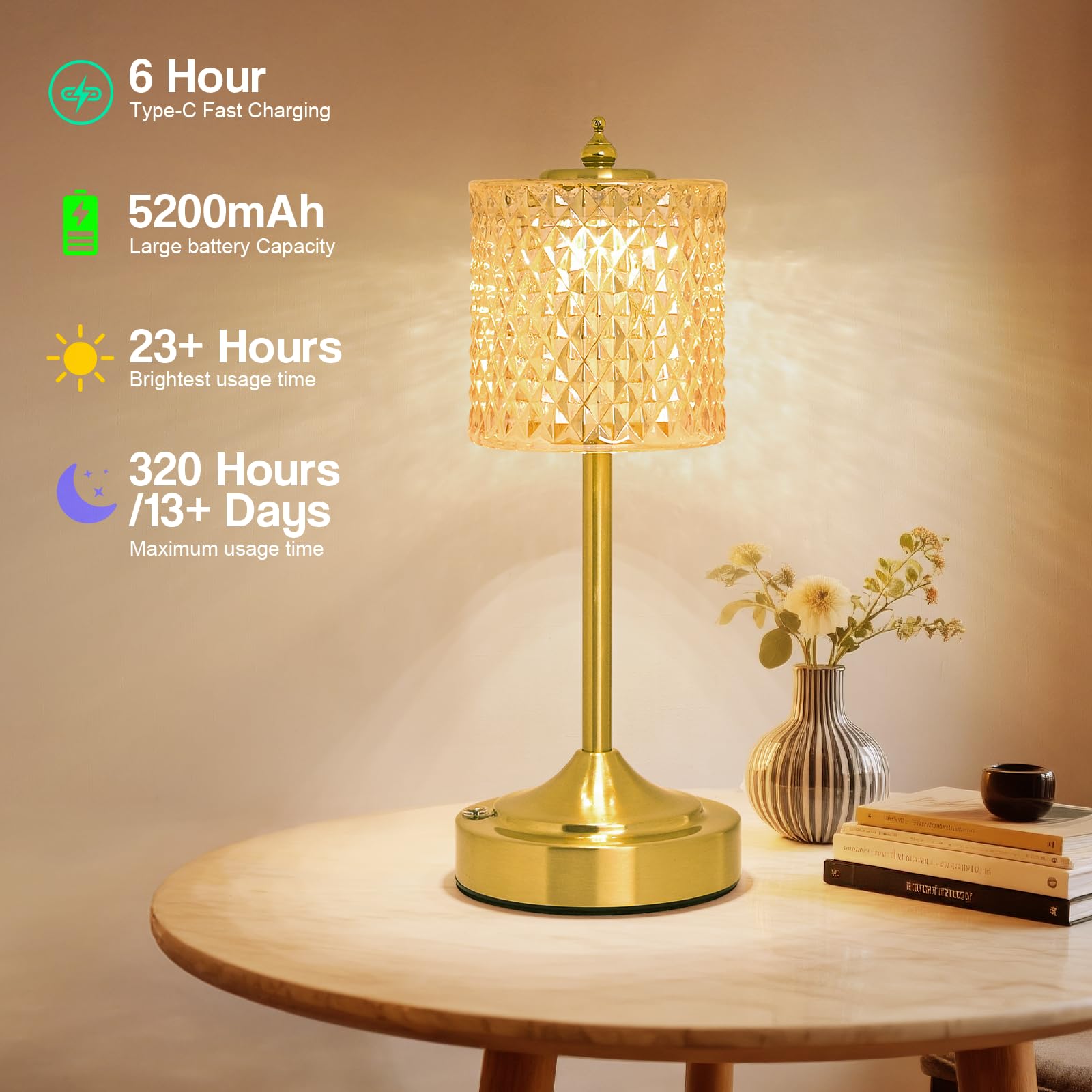 Cordless Lotus Flower Table Lamp, 5200mAh Rechargeable Battery Operated Portable Lamp, 3-Color Dimmable Touch Control Small Desk Lamp for Bedroom, Office, Kitchen, Nightstand,Room Decor (Flower Amber)