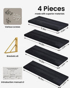 BAYKA Floating Shelves for Bedroom Decor, Wall Shelves for Storage, Wall Mounted Rustic Wood Floating Shelf for Books,Corner Shelf for Bathroom,Kitchen,Living Room(Black and Gold，Set of 4)