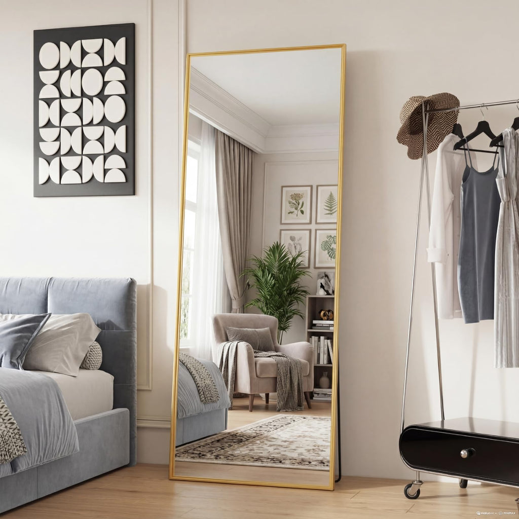 DUMOS Arched Full Length Mirror with Stand 64"x21" Floor Standing Aluminum Frame for Bedroom Body Hanging Leaning Modern Simple Home Decor Shatter-proorf Nano Glass Wall Living Room Cloakroom Black