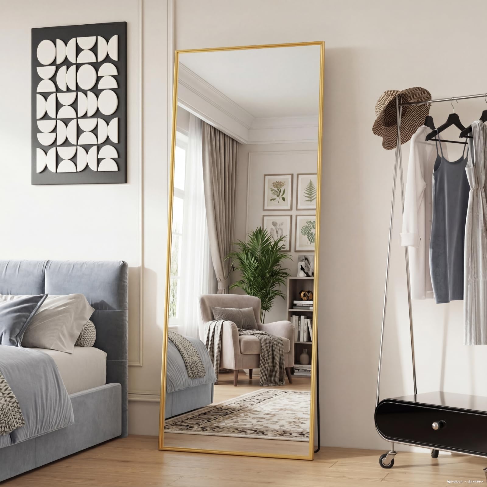 DUMOS Arched Full Length Mirror with Stand 64"x21" Floor Standing Aluminum Frame for Bedroom Body Hanging Leaning Modern Simple Home Decor Shatter-proorf Nano Glass Wall Living Room Cloakroom Black