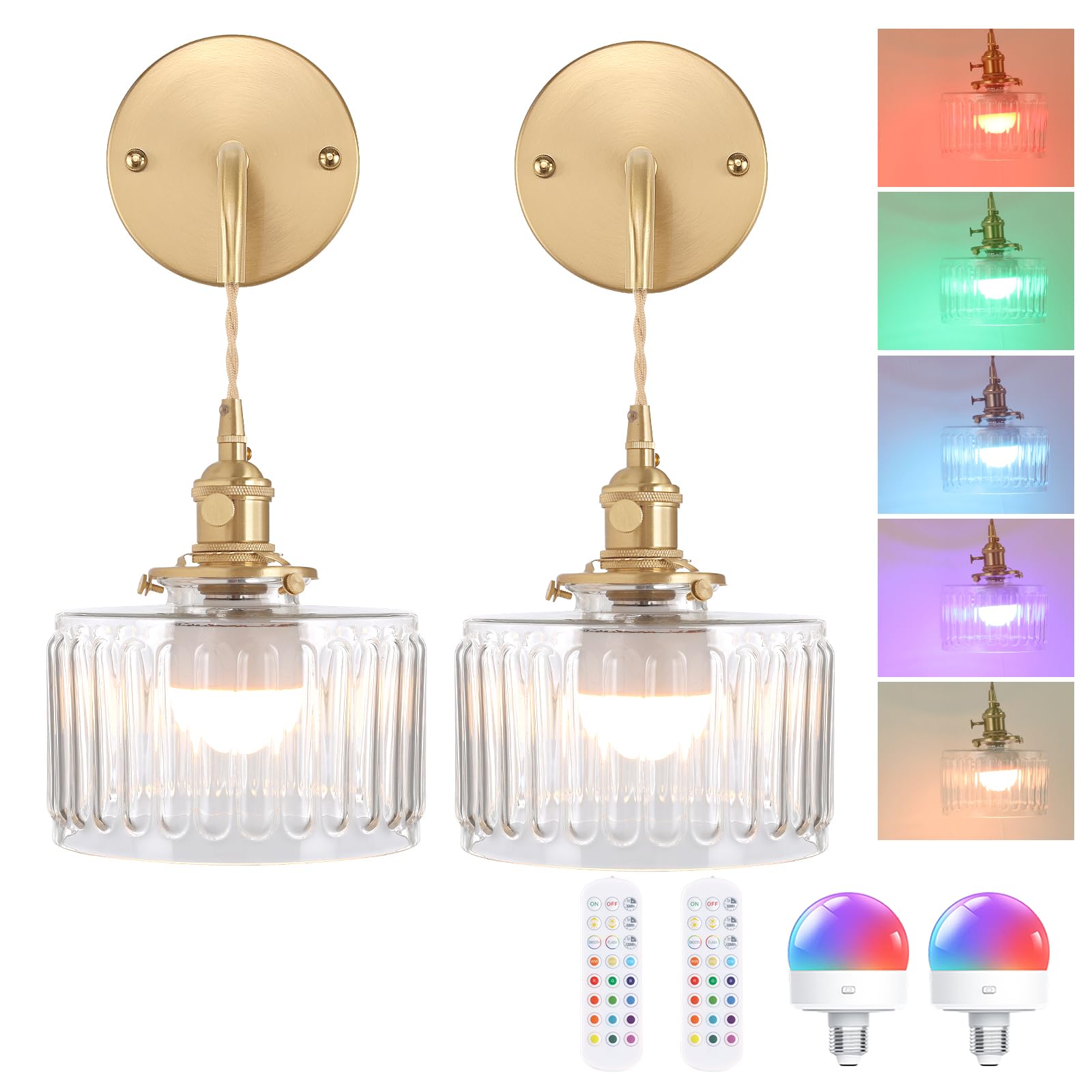 Shenmoyl Vintage Wall Sconce Wall Lamp with Amber Striped Glass Shade Hanging Wall Sconce with 4.9FT Plug in Cord, Modern Wall Lamp Fixtures Decor for Bedside Bedroom Indoor Doorway