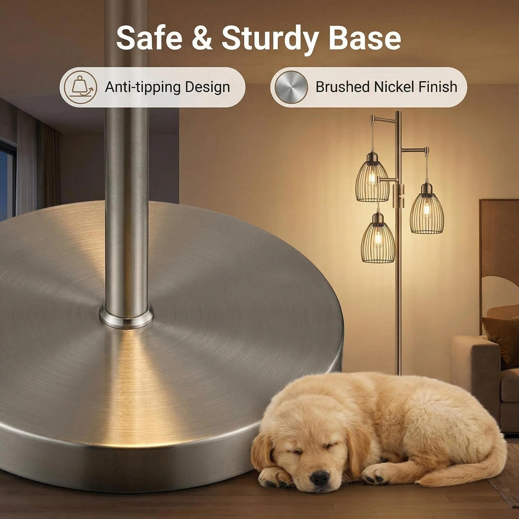 Dimmable Floor Lamp, Industrial Floor Lamps for Living Room, Gold Tree Lamp Standing Lamp Tall Lamps with 3 Elegant Teardrop Cage Head & 800 Lumens LED Bulbs for Living room Bedroom Office Dining Room