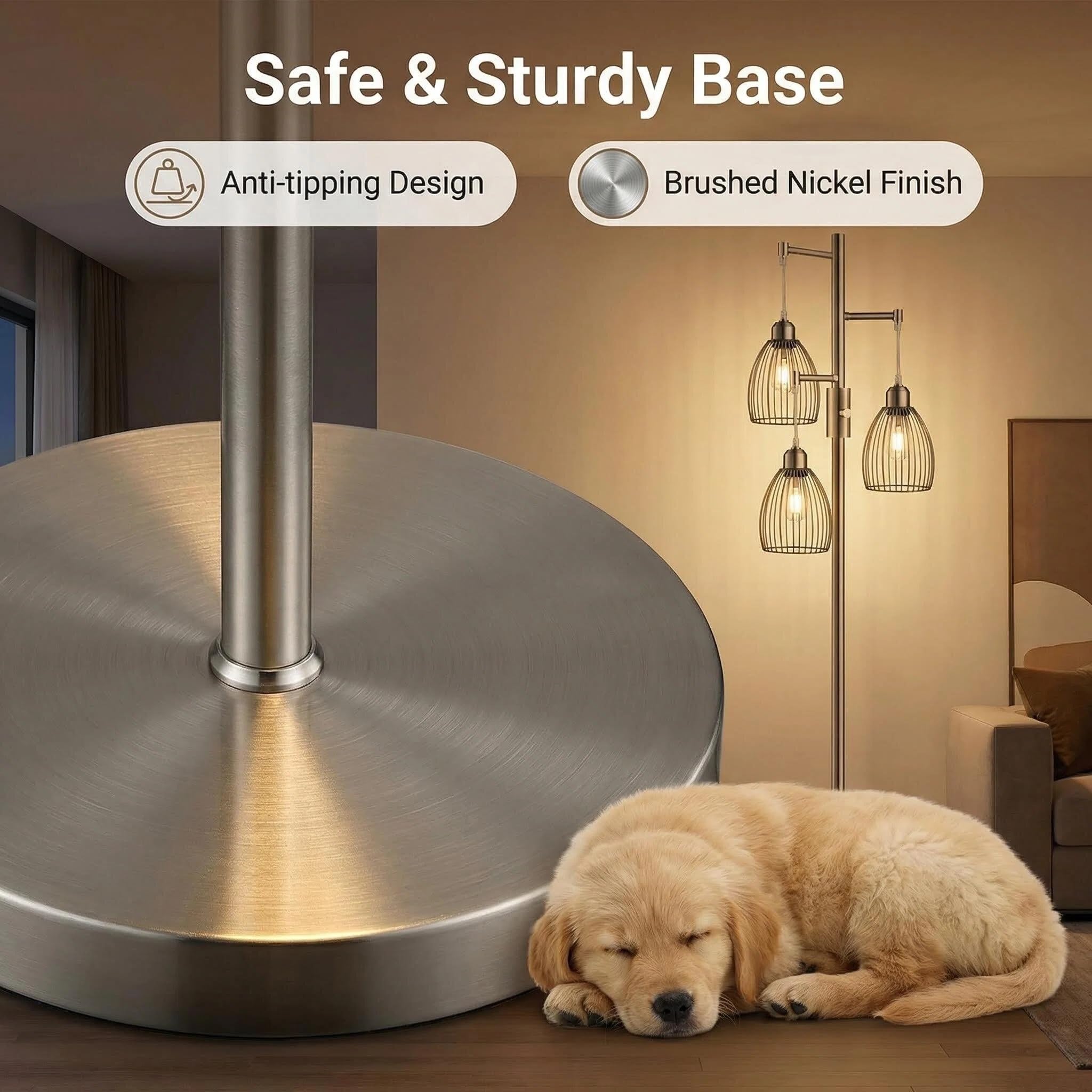 Dimmable Floor Lamp, Industrial Floor Lamps for Living Room, Gold Tree Lamp Standing Lamp Tall Lamps with 3 Elegant Teardrop Cage Head & 800 Lumens LED Bulbs for Living room Bedroom Office Dining Room