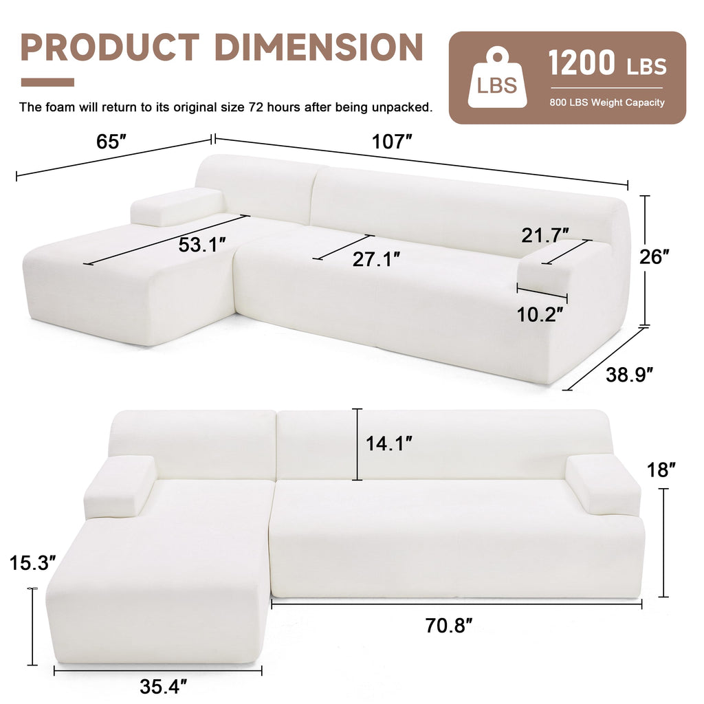108” Modular Sectional Sofa, Cloud Sectional Couch with Deep Seat, Modern Modular L-Shape Sofa Couch with Chaise,Upholstered Boneless Couches for Living Room Bedroom (Beige, Left Facing Chaise)