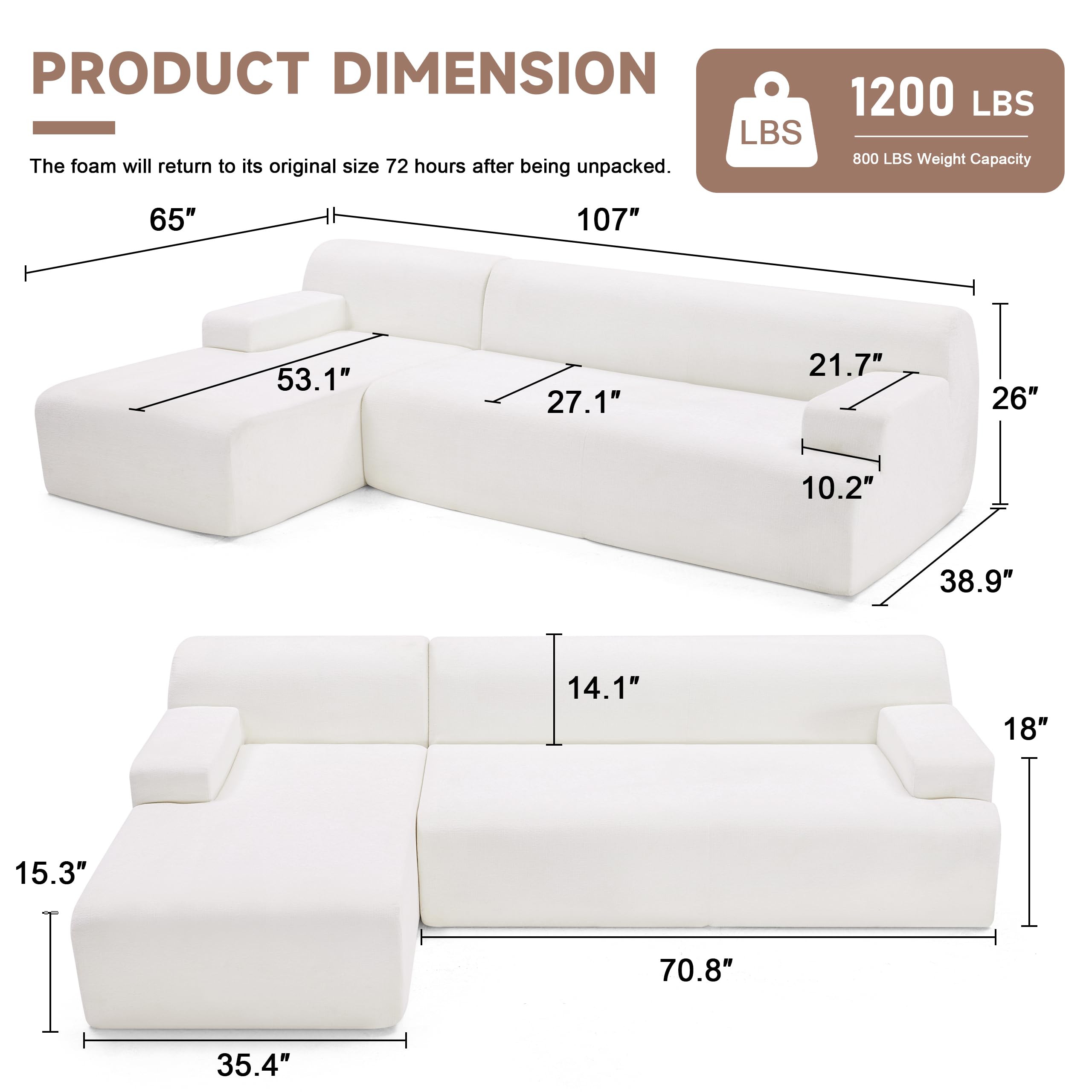 108” Modular Sectional Sofa, Cloud Sectional Couch with Deep Seat, Modern Modular L-Shape Sofa Couch with Chaise,Upholstered Boneless Couches for Living Room Bedroom (Beige, Left Facing Chaise)