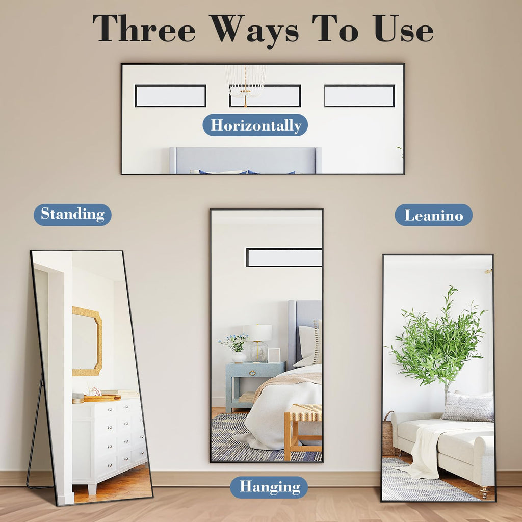 DUMOS Arched Full Length Mirror with Stand 64"x21" Floor Standing Aluminum Frame for Bedroom Body Hanging Leaning Modern Simple Home Decor Shatter-proorf Nano Glass Wall Living Room Cloakroom Black