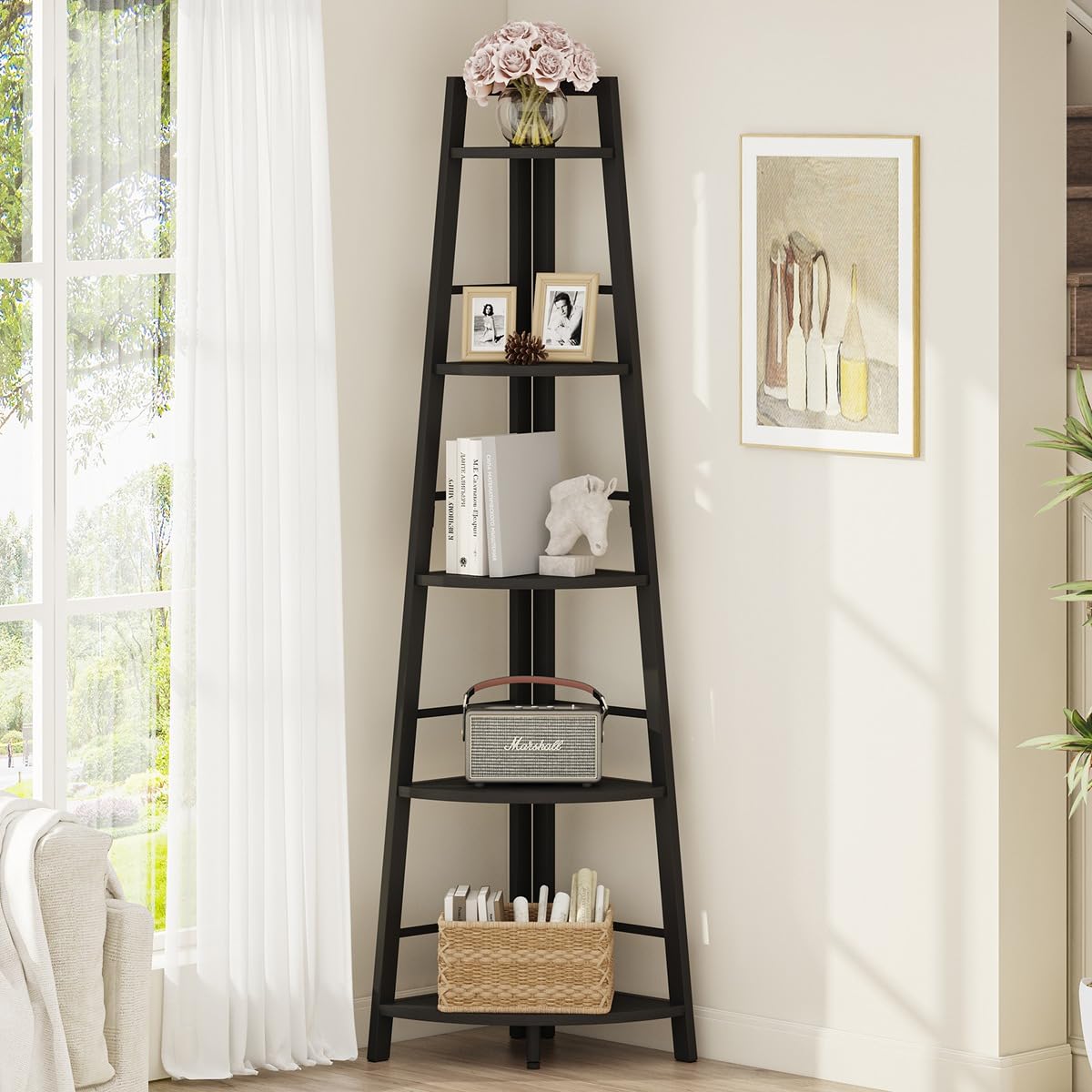 BON AUGURE 5-Tier Corner Ladder Shelf Stand, Black Metal Wood Corner Bookshelf, Narrow Tall Display Bookcase Shelving Unit for Living Room, Home Office, Small Space (Rustic Oak)