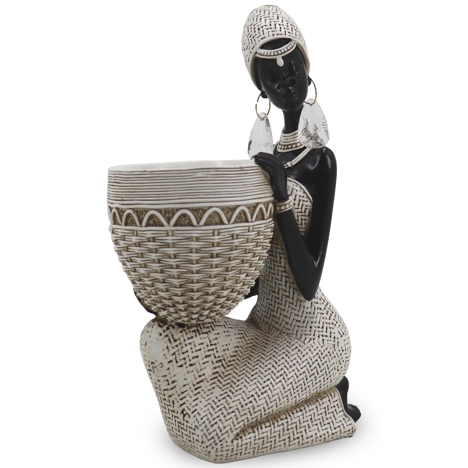Lescafita African Woman Sculpture with Gold Leaf Bowl, Handmade Resin Figurine, Exotic Tribal Art Statue for Living Room, Dining Table, or Entryway Decoration