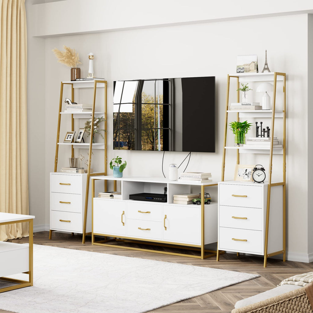 HITHOS Black Gold 4-Tier Bookshelf, Tall Bookcase with 3 Wooden Drawers, Modern Ladder Book Shlef Storage Organizer for Living Room, Entryway, Office