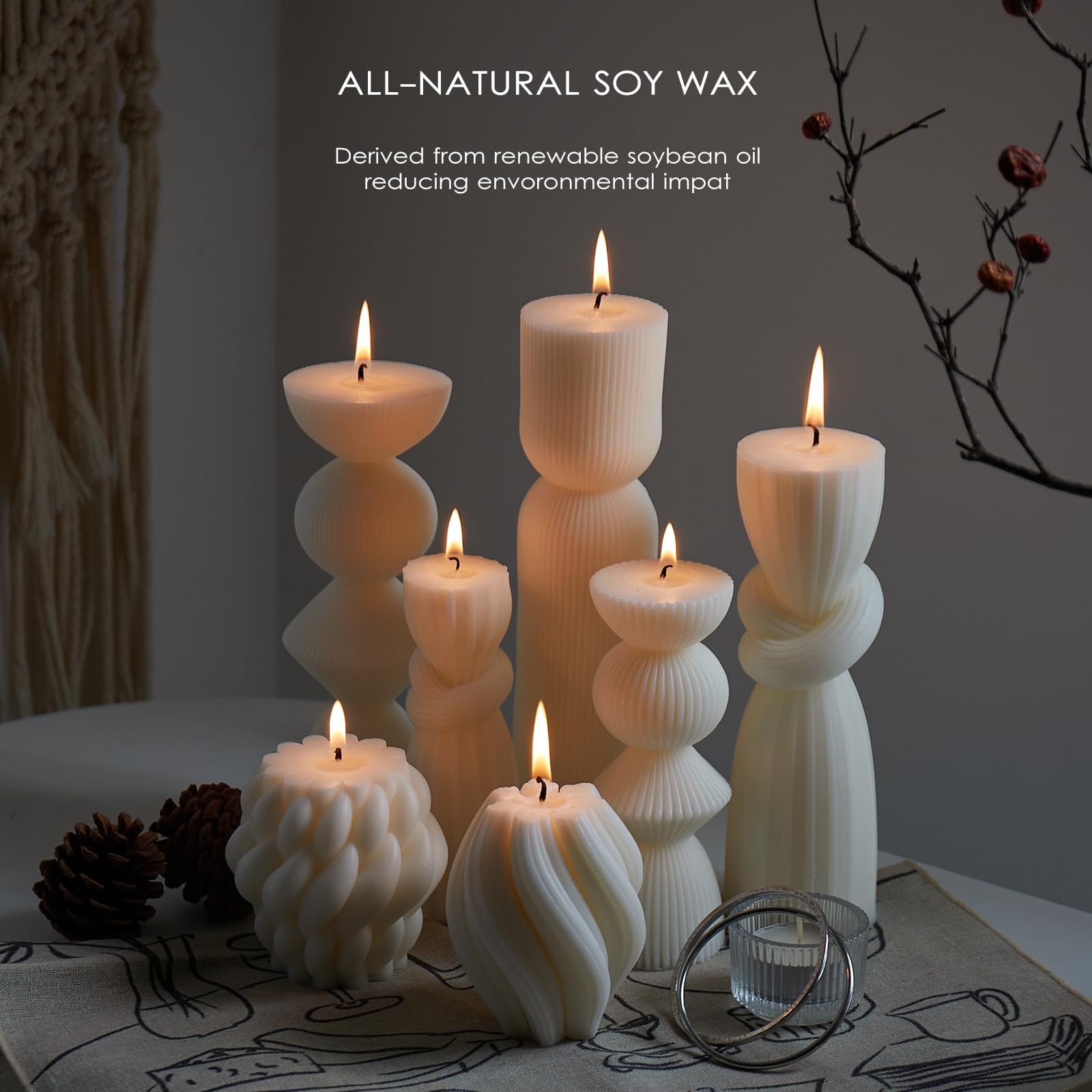 7 Pcs Large Ribbed Pillar Candles - Handmade Soy Wax Candles for Home Decor, Modern Shelf Decor, Housewarming Gift, Aesthetic Room Decor (White)