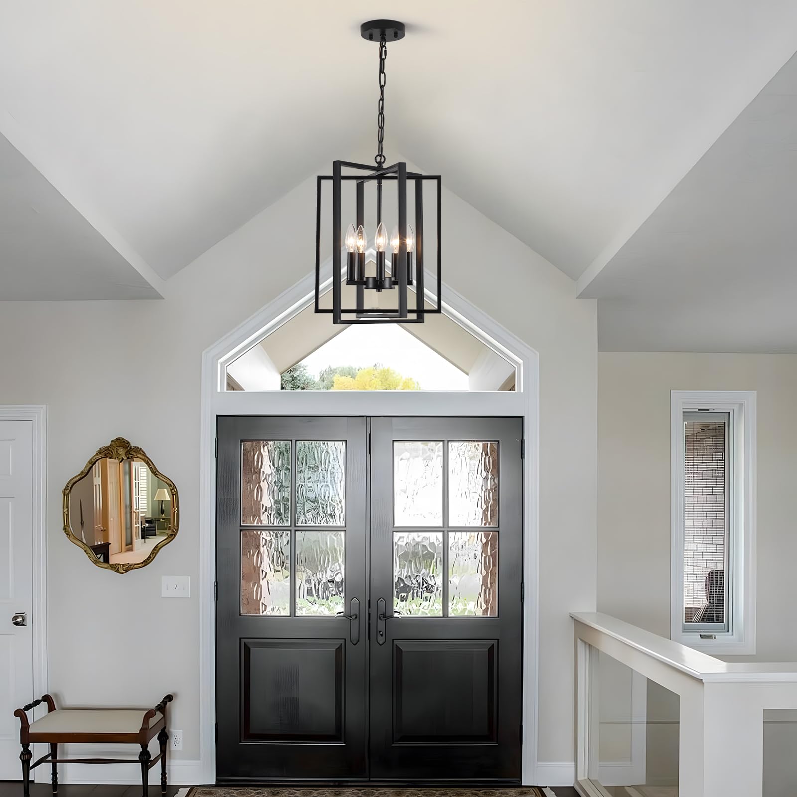 Black Gold Chandelier for Dining Room, Modern Farmhouse 3 Light Entryway Pendant Light Fixture Adjustable Geometric Industrial Rustic Foyer Light for Living Room Kitchen Island Hallway Bedroom