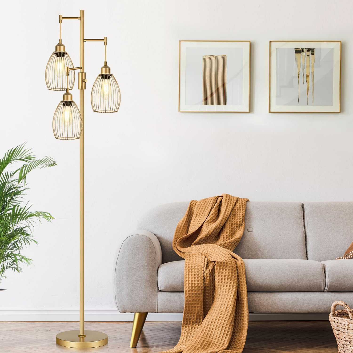 Dimmable Floor Lamp, Industrial Floor Lamps for Living Room, Gold Tree Lamp Standing Lamp Tall Lamps with 3 Elegant Teardrop Cage Head & 800 Lumens LED Bulbs for Living room Bedroom Office Dining Room