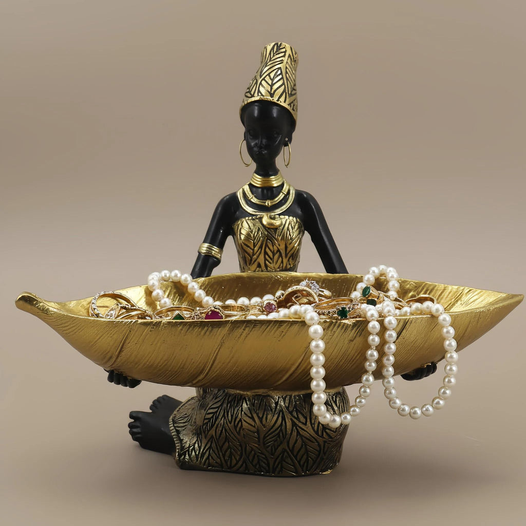 Lescafita African Woman Sculpture with Gold Leaf Bowl, Handmade Resin Figurine, Exotic Tribal Art Statue for Living Room, Dining Table, or Entryway Decoration