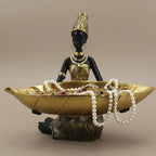 Lescafita African Woman Sculpture with Gold Leaf Bowl, Handmade Resin Figurine, Exotic Tribal Art Statue for Living Room, Dining Table, or Entryway Decoration