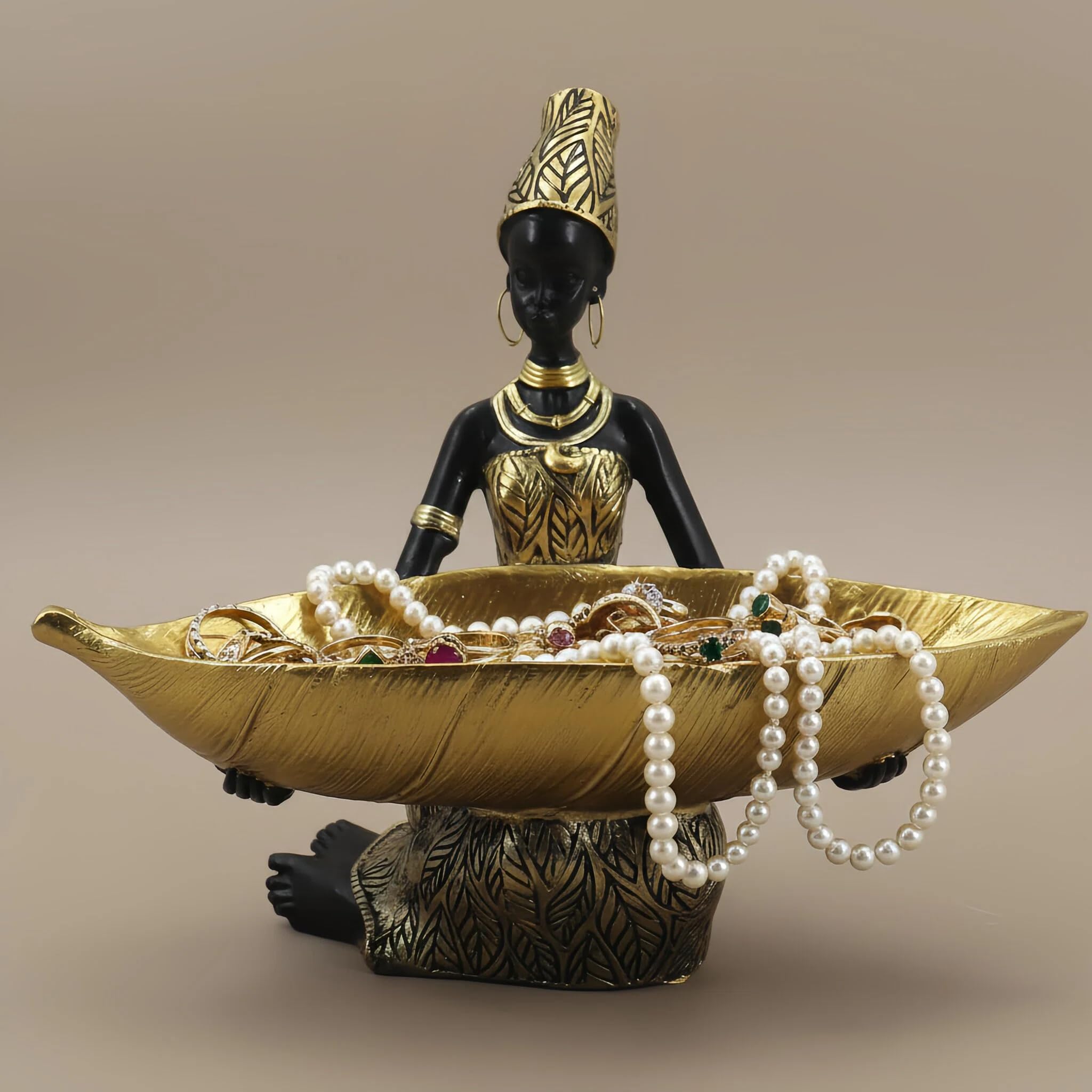 Lescafita African Woman Sculpture with Gold Leaf Bowl, Handmade Resin Figurine, Exotic Tribal Art Statue for Living Room, Dining Table, or Entryway Decoration