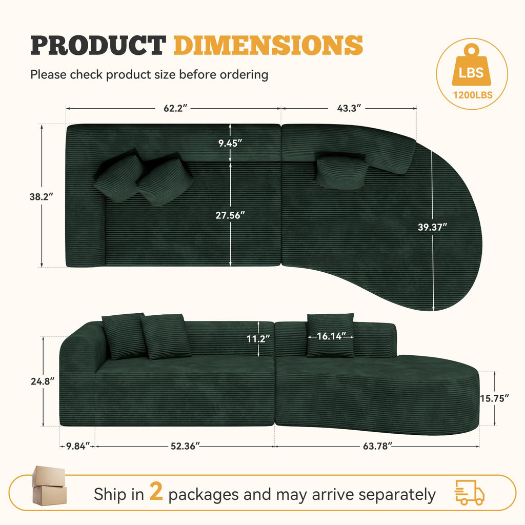 126" Curved Modular Sectional Sofa, Modern Boneless Couches for Living Room,No Assembly Required Cloud Couch,Brown Corduroy Fabric,1 PCS