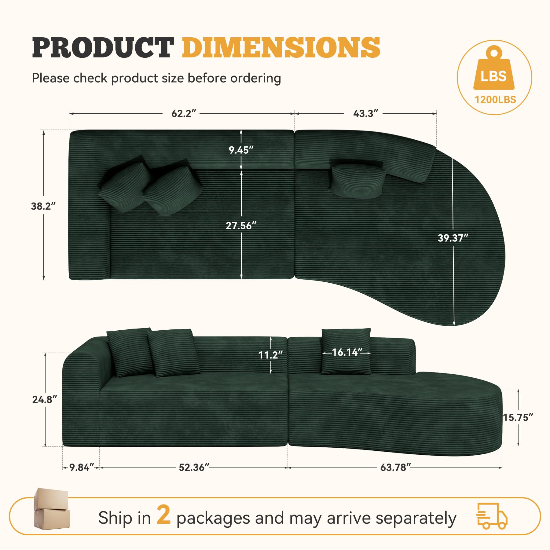 126" Curved Modular Sectional Sofa, Modern Boneless Couches for Living Room,No Assembly Required Cloud Couch,Brown Corduroy Fabric,1 PCS
