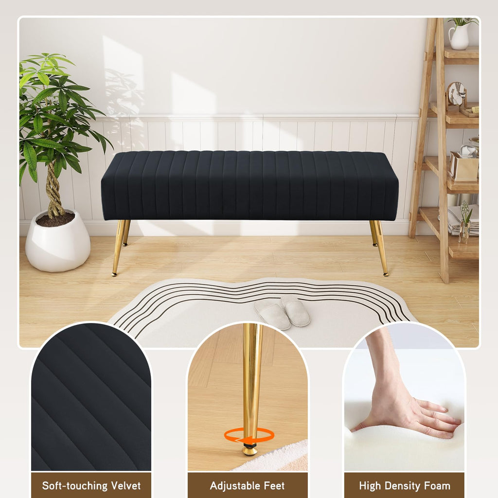 Furnimart 44 Inch Green Velvet Bench Ottoman Comfortable Footrest Stool Table Bench Dining Bench Tufting Bench Indoor Bench with Gold Legs for Living Room Bedroom Entryway (Velvet-Green)