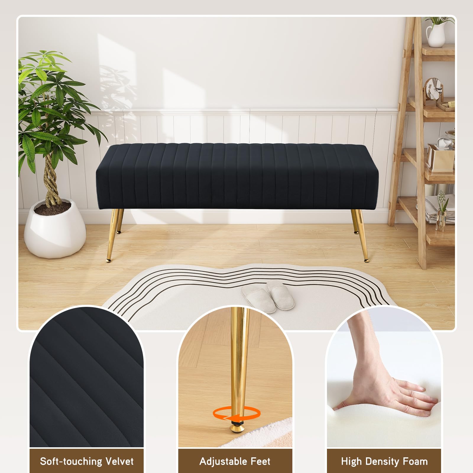 Furnimart 44 Inch Green Velvet Bench Ottoman Comfortable Footrest Stool Table Bench Dining Bench Tufting Bench Indoor Bench with Gold Legs for Living Room Bedroom Entryway (Velvet-Green)