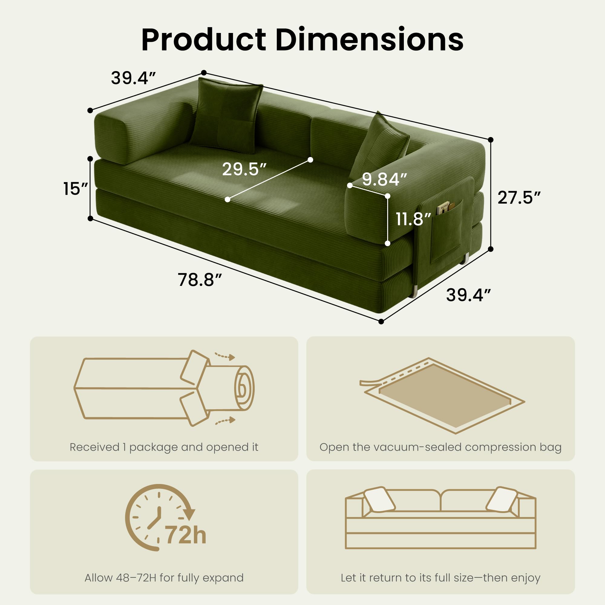 78.8" Convertible Futon Sofa Bed,Corduroy Futon Couch with Storage Pocket,Folding Pull Out Sofa,No Assembly Boneless Couch for Living Room | Pink