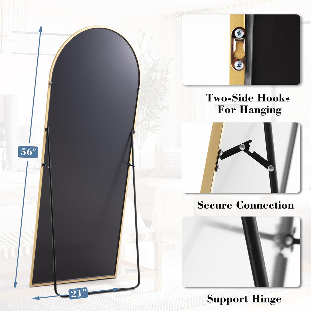 DUMOS Arched Full Length Mirror with Stand 64"x21" Floor Standing Aluminum Frame for Bedroom Body Hanging Leaning Modern Simple Home Decor Shatter-proorf Nano Glass Wall Living Room Cloakroom Black